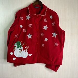 Take Two Clothing Co Festive Red Wool Blend Holiday Snowman Cardigan Size Large